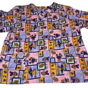 Scrubs Station Teddy Bear Patchwork Scrub Top V-Neck Pink Purple 3XL RN118971